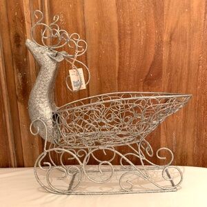 Pier 1 Silver Metal Glitter Reindeer Sleigh Basket Holiday Decor